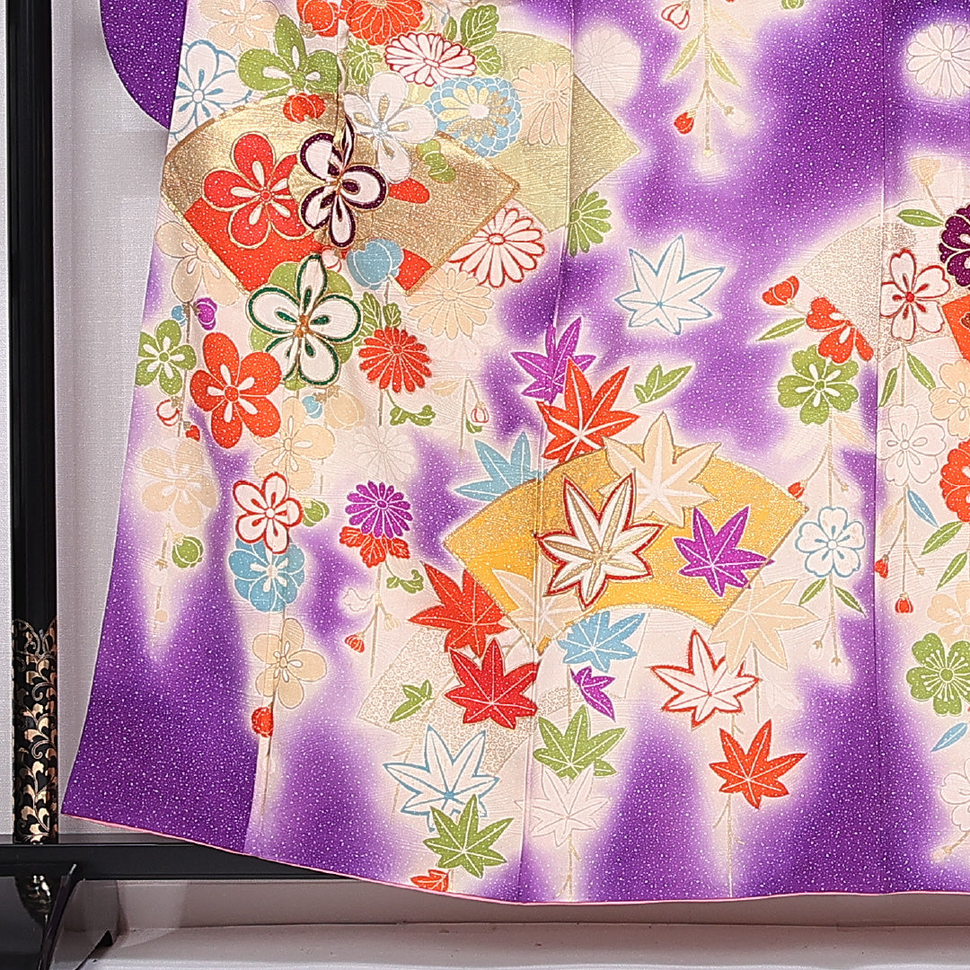 振袖 身丈157cm 裄丈65cm 袷 正絹 Cランク 広衿 菊 梅 紅葉 金駒刺繍 扇 1213-F0391