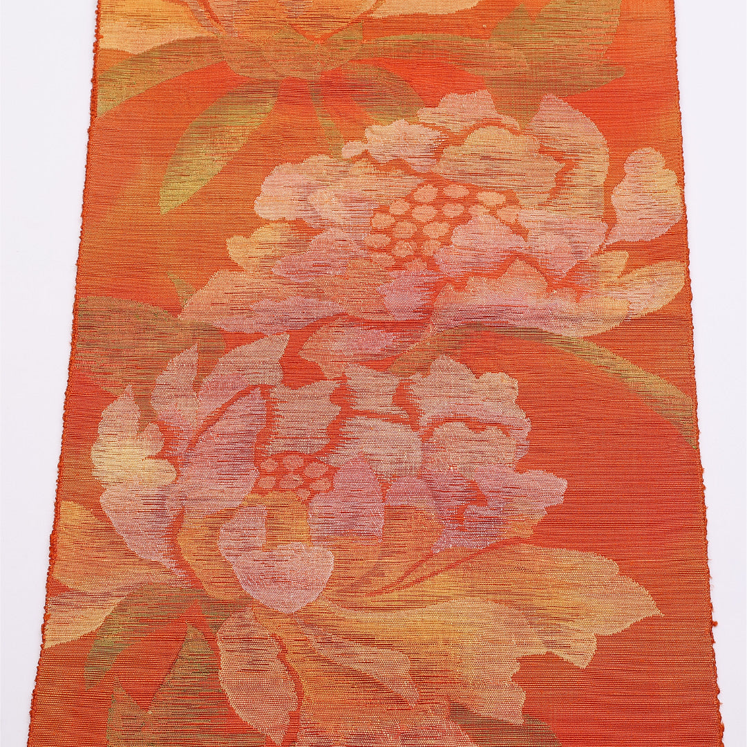 八寸名古屋帯 Sランク 帯丈328cm 正絹 六通 松葉仕立て 織り カジュアル 紬 牡丹 朱系 LP 1245-01320