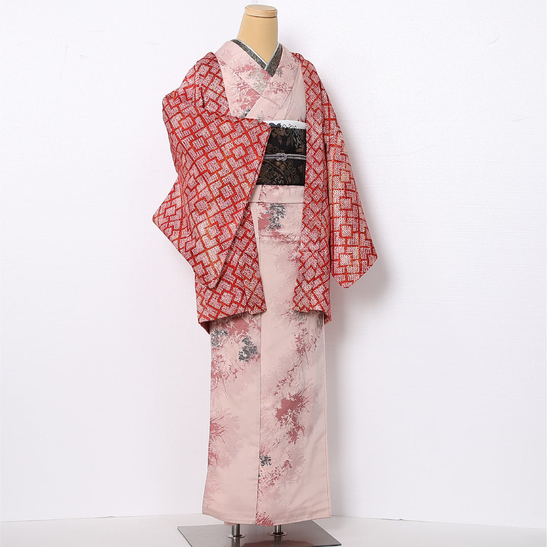 羽織 袷 身丈80cm 裄丈64cm 正絹 Sランク カジュアル Mサイズ 幾何学柄 赤系 RP 1232-12760