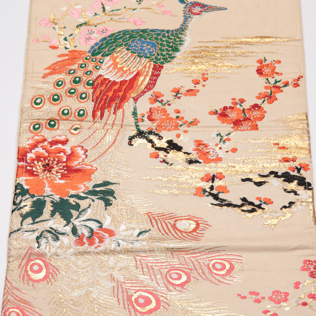 アンティーク 名古屋帯 帯丈323cm Cランク 名古屋仕立て 六通 正絹 孔雀 桜 梅 金糸 セミフォーマル クリーム系 1224-01515