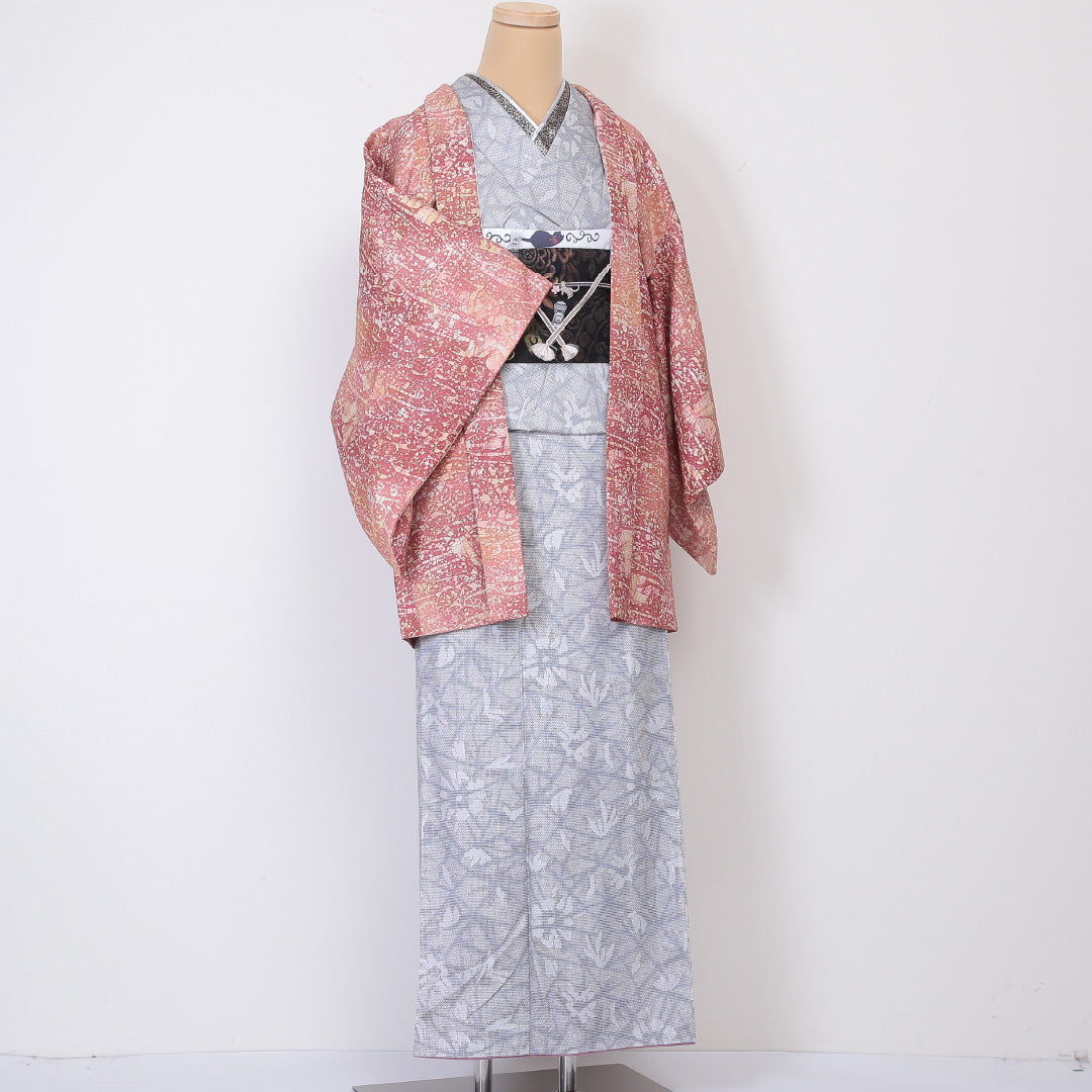 羽織 袷 身丈79cm 裄丈62cm 正絹 Aランク Sサイズ カジュアル 紐あり 創作柄 ピンク系 1217-05942