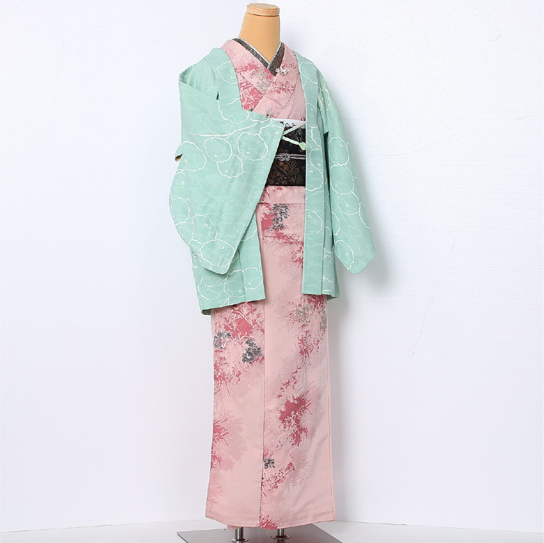 羽織 袷 身丈75cm 裄丈62cm 正絹 Aランク カジュアル Sサイズ 紐あり 菊 緑系 RP 1232-12864