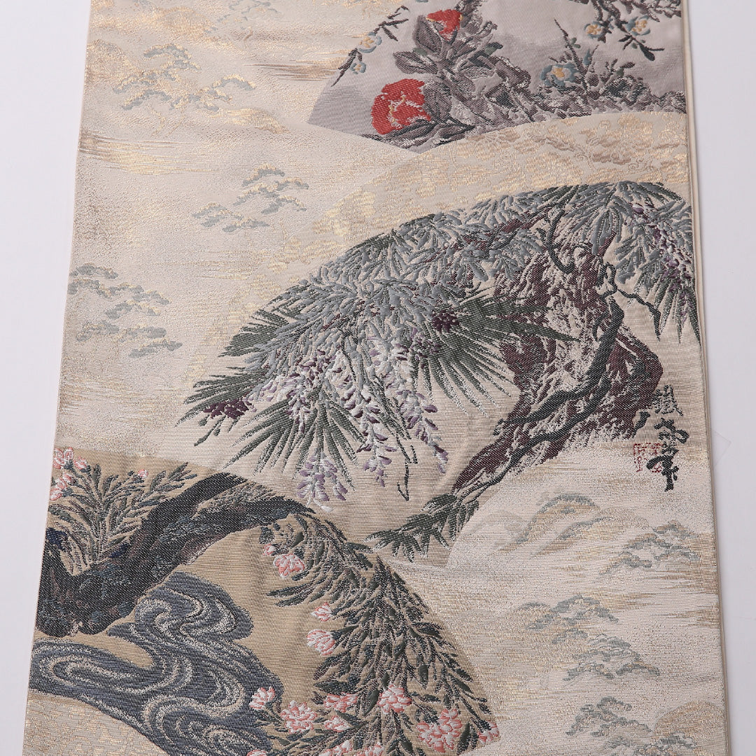 袋帯 帯丈420cm 正絹 全通 フォーマル 扇面文 流水 松 クリーム系 1243-01574