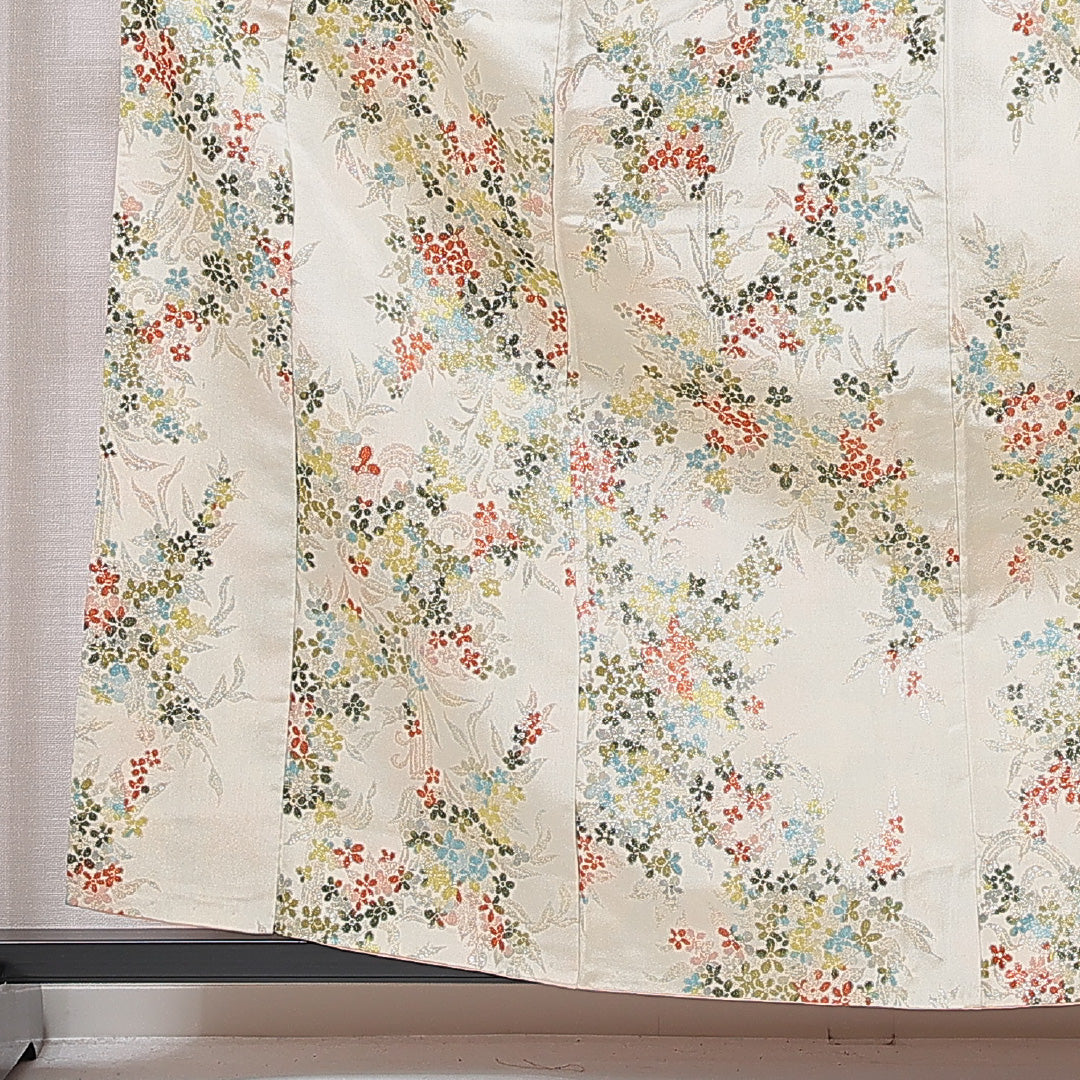 紬 袷 身丈162cm 裄丈64cm 正絹 Cランク カジュアル バチ衿 Lサイズ 花柄 クリーム系 LP 1223-15615