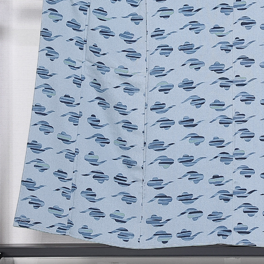 小紋 袷 身丈153cm 裄丈61cm 正絹 Sランク Sサイズ 広衿 インフォーマル ちりめん 水色系 1215-10189