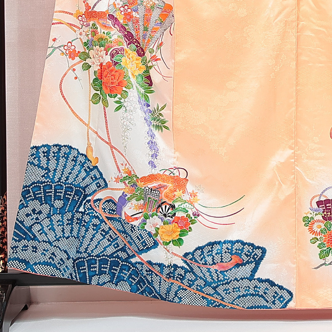訪問着 袷 身丈161cm 裄丈65cm 正絹 Aランク Lサイズ 広衿 セミフォーマル 扇 牡丹 クリーム系 朱系 1212-14768