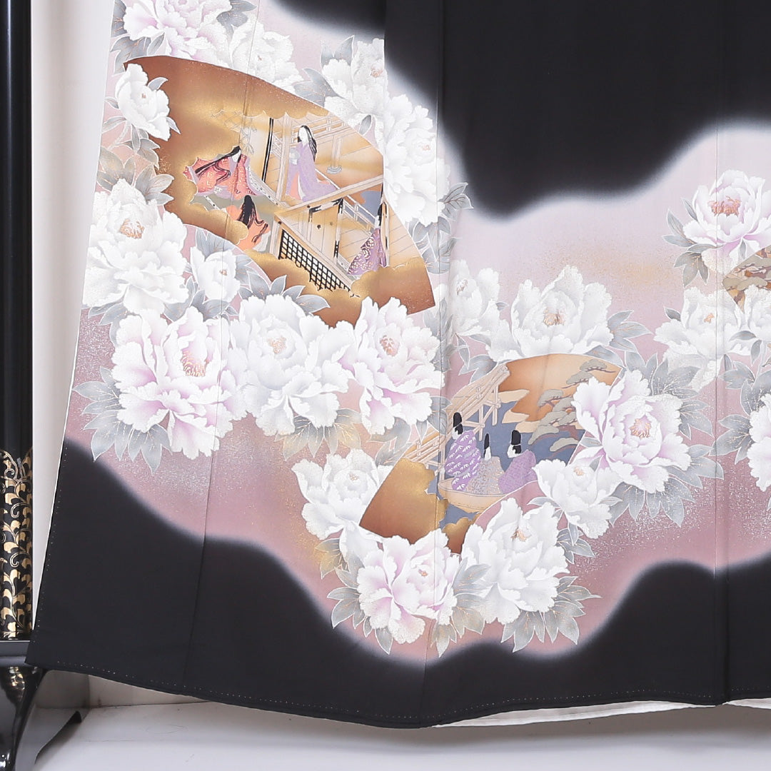 黒留袖 五つ紋 松皮菱に蔦 身丈160cm 裄丈64.5cm Sランク 正絹 袷 比翼 広衿 L 京友禅 平安絵巻 牡丹 フォーマル 黒系 1211-F0212