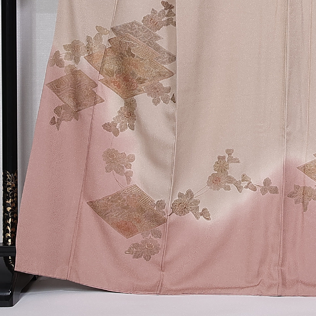訪問着 身丈164cm 裄丈61.5cm Aランク 袷 一つ紋 正絹 広衿 汕頭刺繍 蘇州刺繍 松皮菱 菊 ぼかし 1212-10206