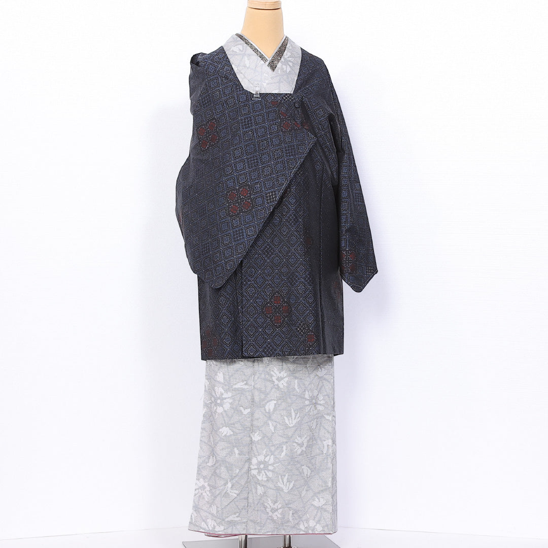 道行コート (大島紬) 袷 身丈89cm 裄丈65cm 正絹 Sランク インフォーマル Mサイズ ポケットあり 花菱 紺系 RP 1237-10750