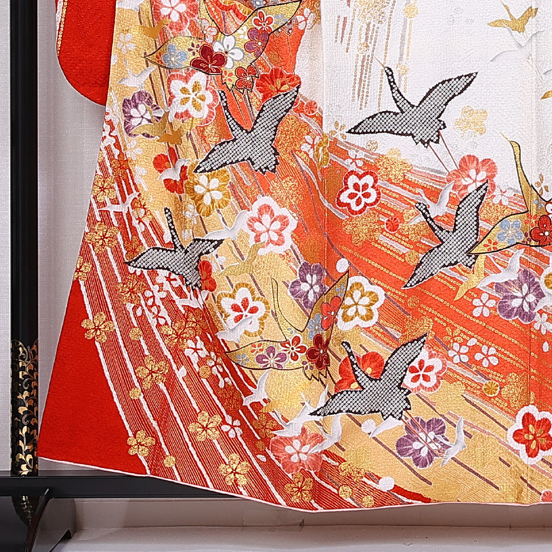 振袖 身丈154cm 裄丈63cm 袷 正絹 Sランク 広衿 梅 鶴 金糸 1213-F0381