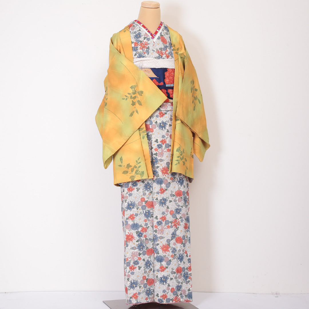 羽織 身丈81cm 裄丈65cm M 洗える着物 ポリエステル ぼかし 草花 黄系 Sランク 1217-00454