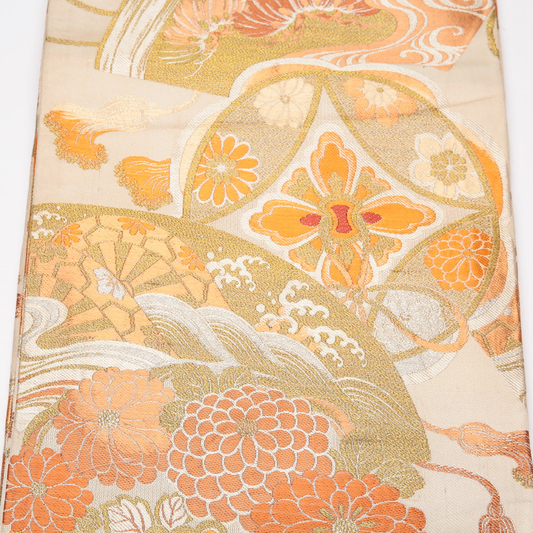 アンティーク 丸帯 帯丈388cm 正絹 全通 花扇 菊 クリーム系 1242-01193