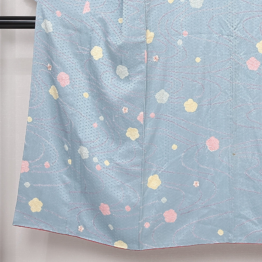 小紋 袷 身丈146cm 裄丈62cm 正絹 Bランク インフォーマル 広衿 XSサイズ 刺繍 流水 桜 桜 水色系 RP 1221-13115