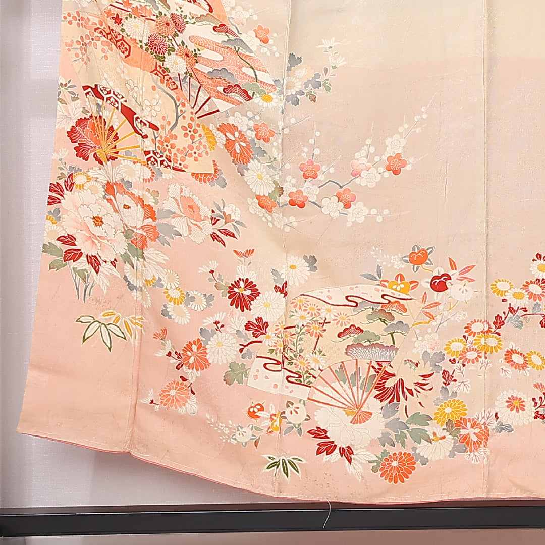 アンティーク 訪問着 (錦紗) 袷 身丈150cm 裄丈62cm 正絹 Dランク バチ衿 Sサイズ 吉祥文様 クリーム系 RP 1217-12446