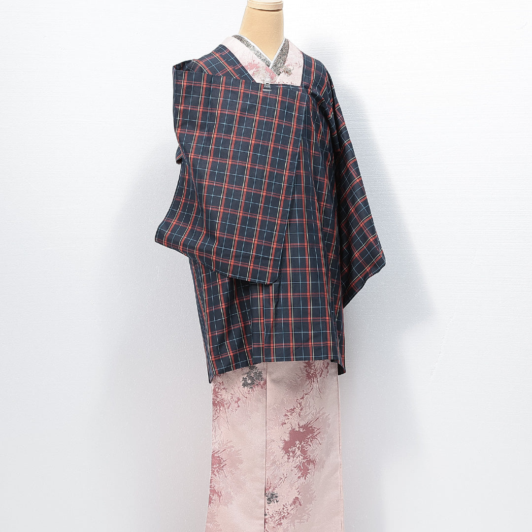 道行コート 袷 身丈90cm 裄丈65cm 正絹 Sランク セミフォーマル Mサイズ ポケットあり 格子 紺系 RP 1237-14688