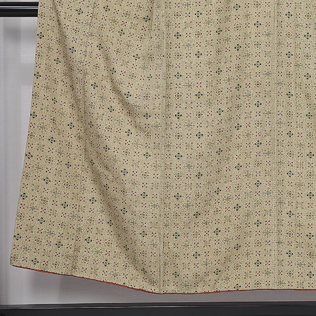 小紋 身丈150cm 裄丈63cm Aランク S 正絹 袷 広衿 オリエンタル 花菱 カジュアル 緑系 1215-11996