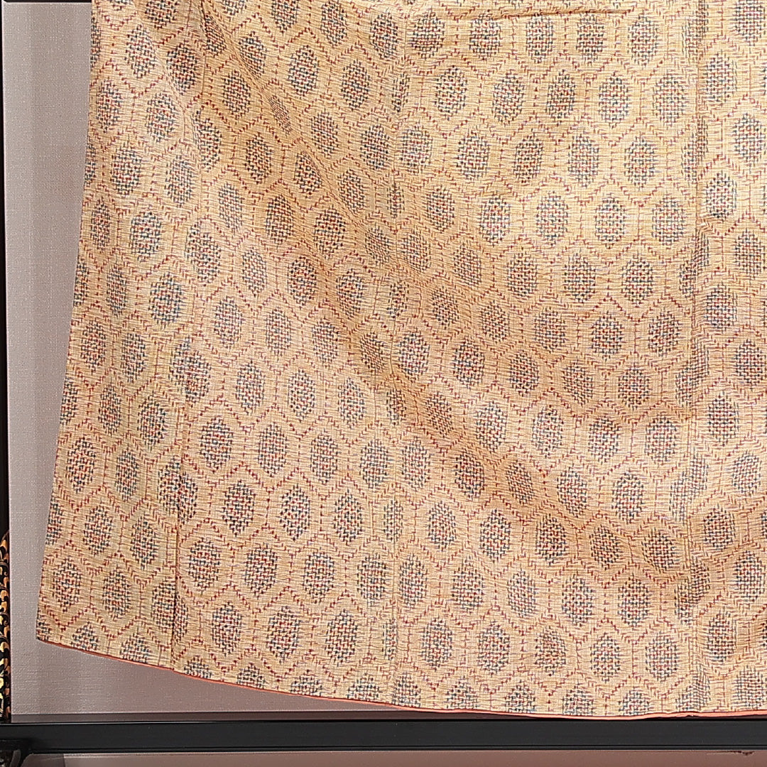 紬 袷 身丈157cm 裄丈64cm 正絹 Sランク カジュアル バチ衿 Mサイズ 亀甲 黄系 RP 1223-14797