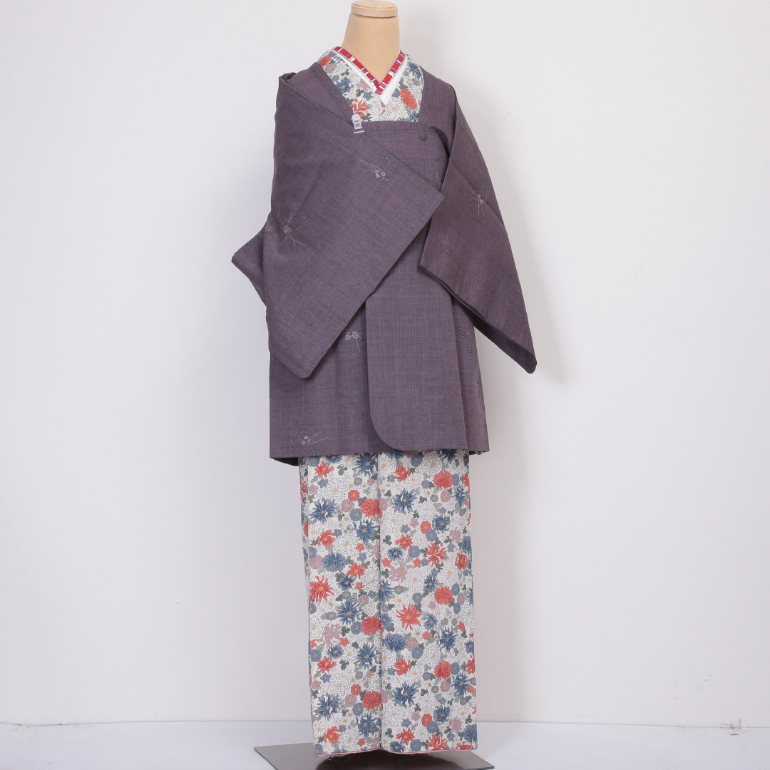 道行コート 袷 身丈86cm 裄63.5cm ウール 洗える着物 Aランク 紫系 1217-00499