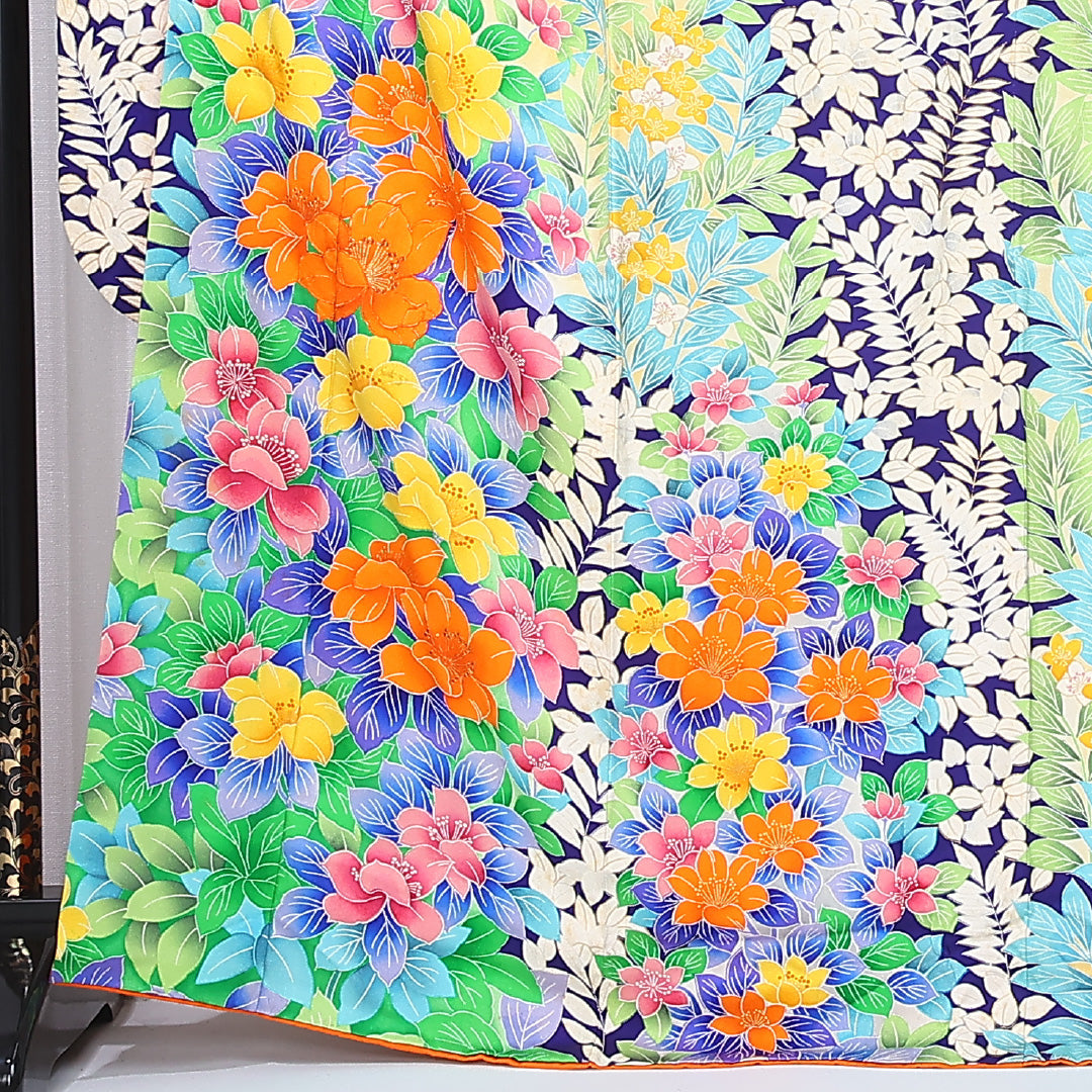 振袖 身丈166cm 裄丈67.5cm Cランク 袷 正絹 XS 広衿 モダン 花柄 ボタニカル 青系 1213-F0447