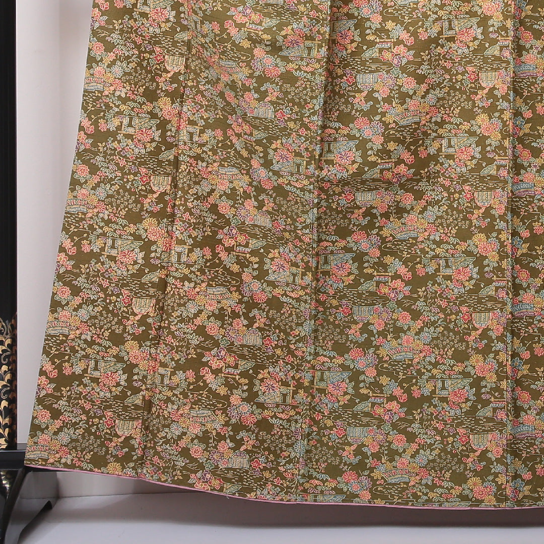 小紋(紬) 袷 身丈159cm 裄丈66cm 正絹 Sランク Mサイズ 広衿 インフォーマル 茶屋辻 緑系 1215-02226