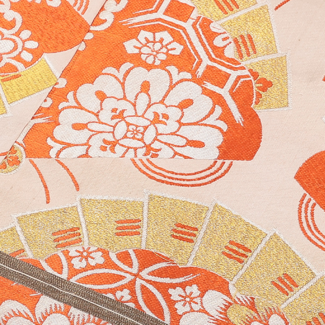 アンティーク 六寸帯 帯丈352cm 全通 小袋帯 七宝 菊 檜扇 正絹 クリーム系 Cランク 1225-000239