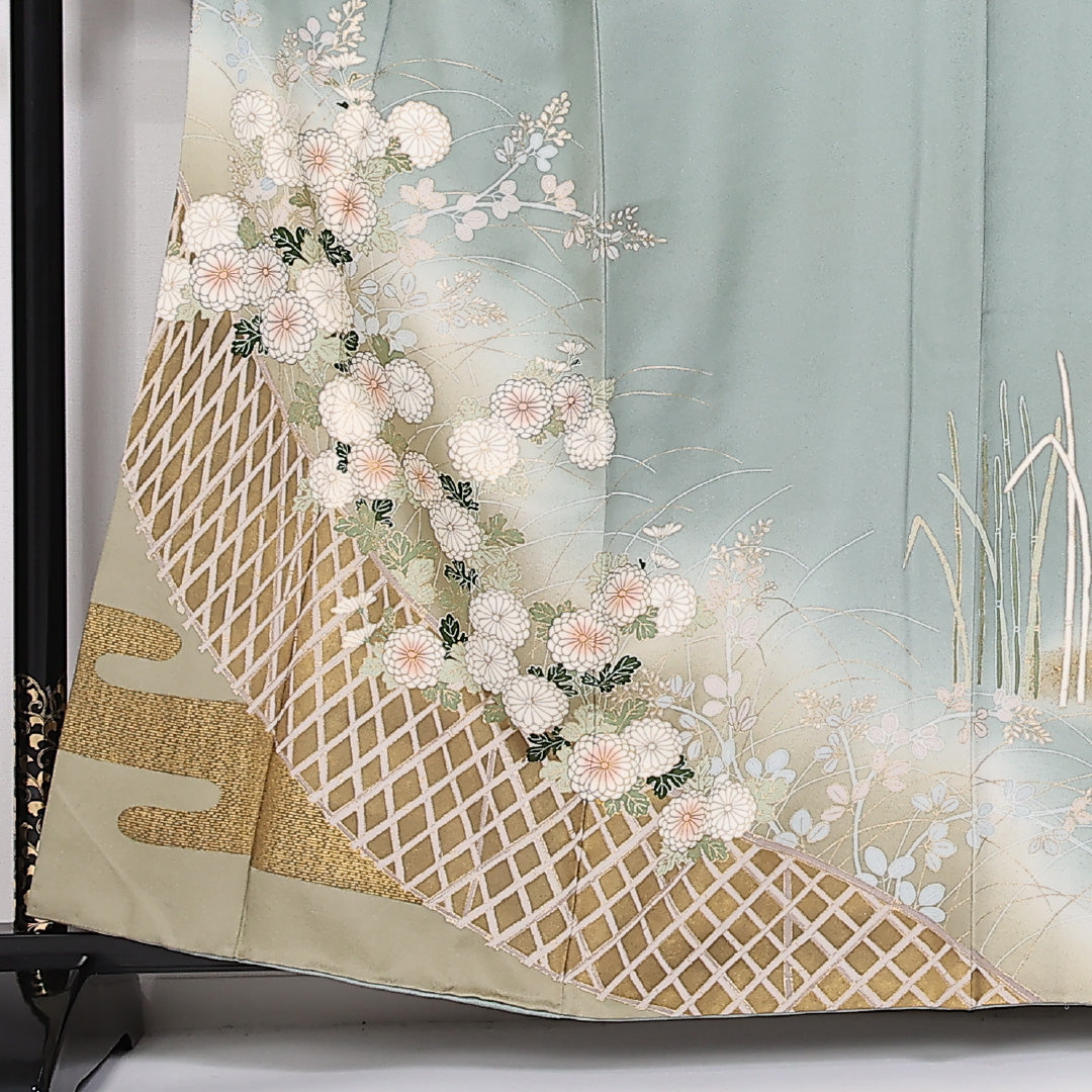 色留袖 身丈159cm 裄丈64cm Sランク 正絹 袷 広衿 M エ霞 菊 ぼかし 金彩 セミフォーマル 緑系 1211-F0290