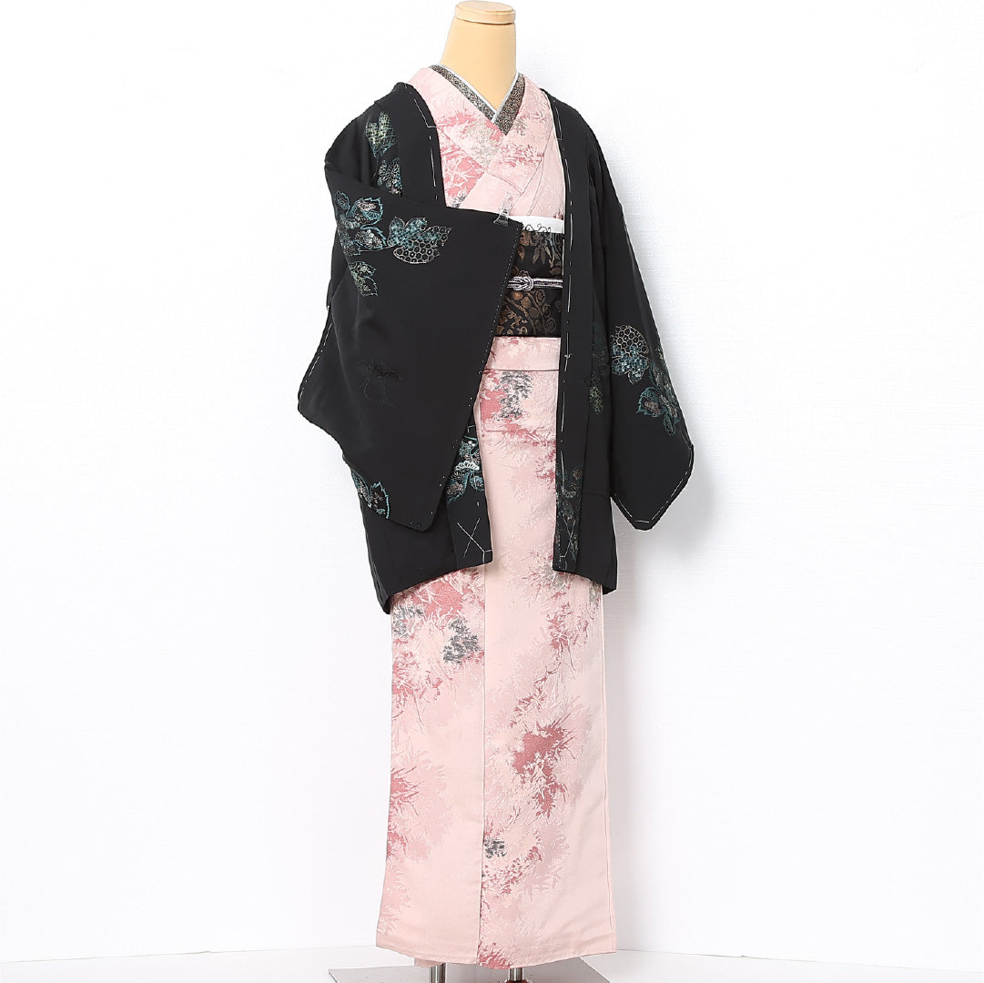 黒羽織 袷 身丈80cm 裄丈63cm 正絹 Sランク 一つ紋 (五三桐) セミフォーマル Sサイズ 吉祥文様 黒系 RP 1233-12744