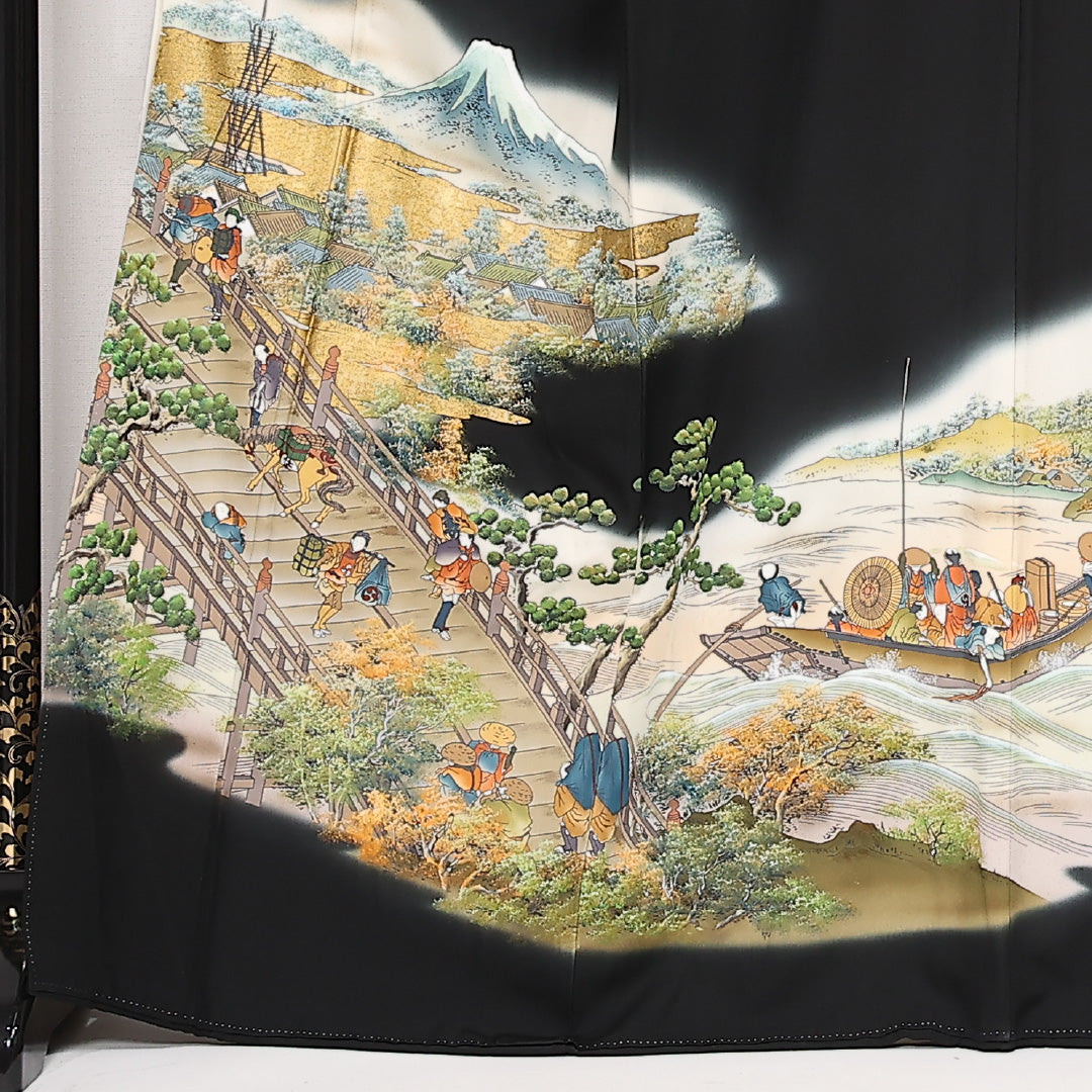 黒留袖 五つ紋 下り藤 身丈166cm 裄丈70cm Aランク 正絹 袷 比翼 広衿 XL 落款 東海道五十三次 フォーマル 写実的 存在感 黒系 1211-F0576