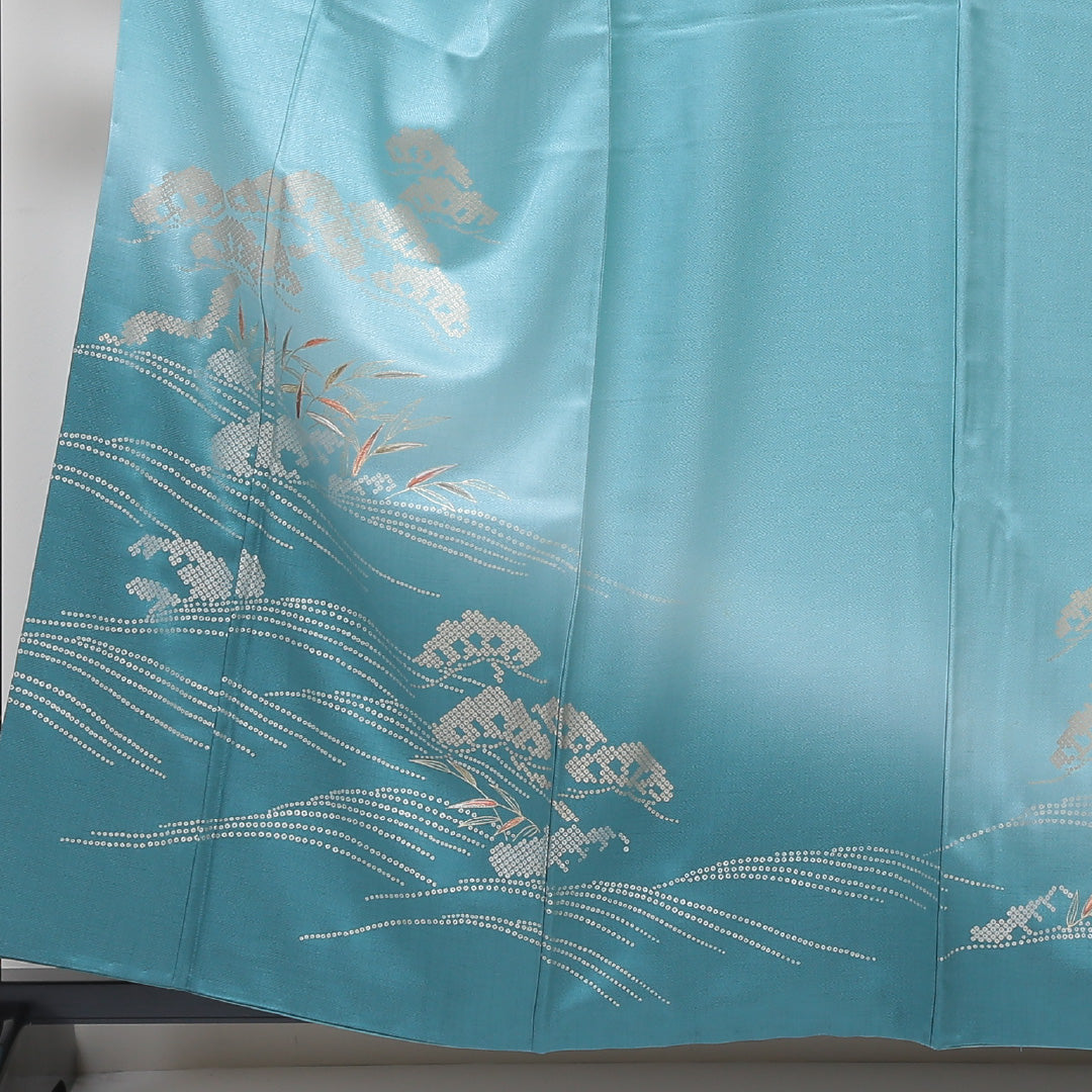 訪問着 袷 身丈157cm 裄65cm 正絹 緑系 Aランク 鹿の子 松 刺繍 金彩 1212003553319