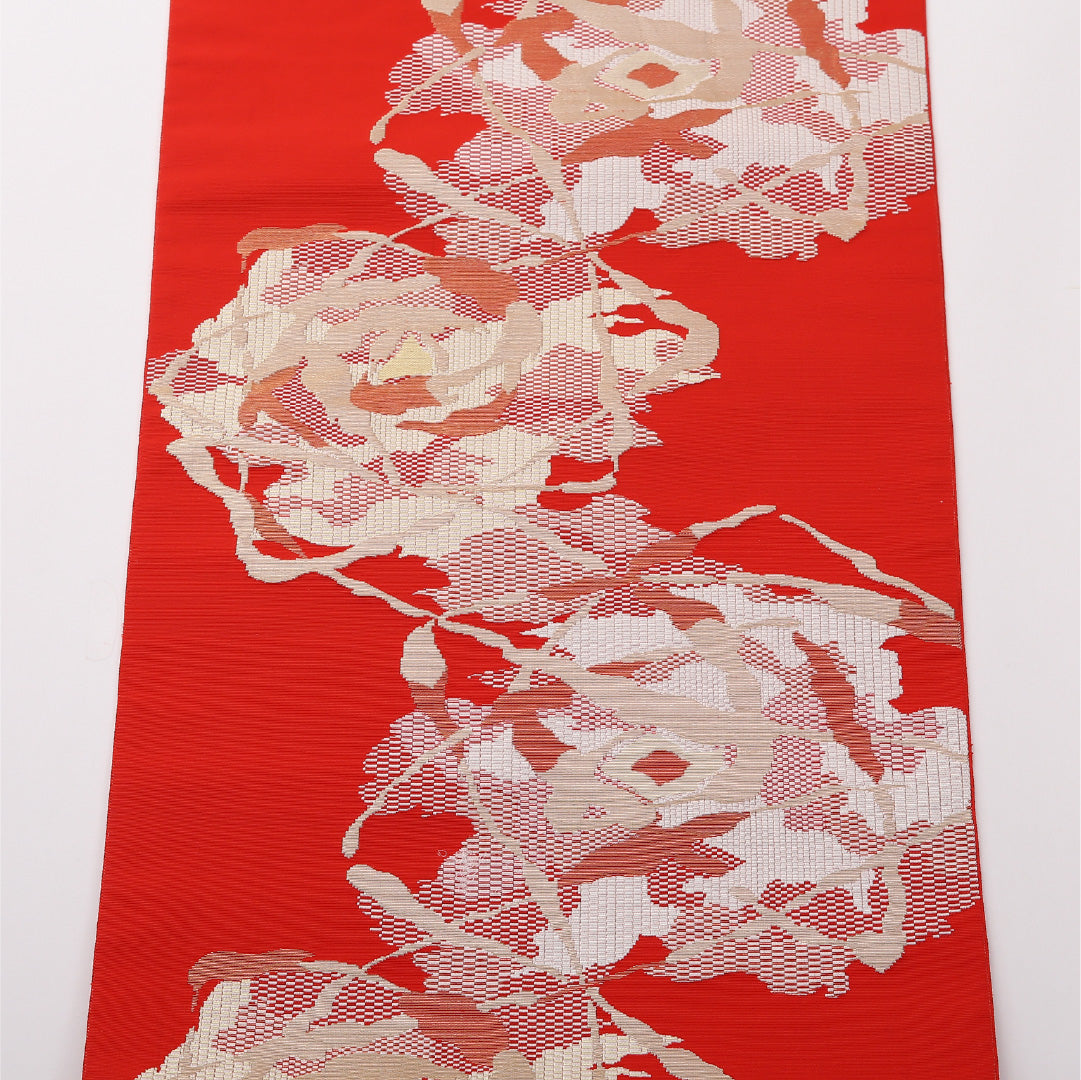 八寸名古屋帯 Sランク 帯丈352cm 正絹 六通 松葉仕立て 織り カジュアル 抽象柄 赤系 LP 1245-02371