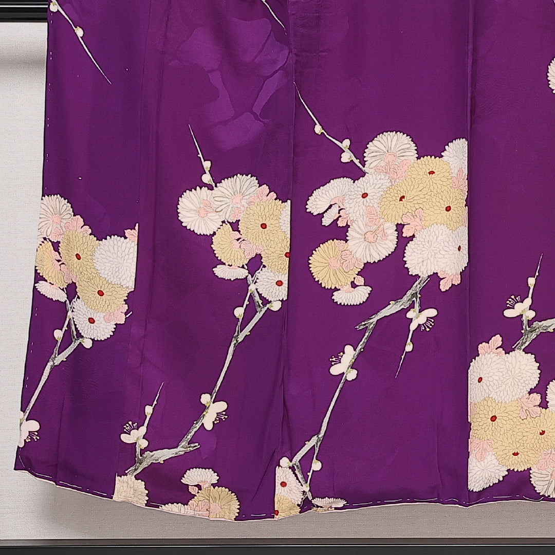アンティーク 小紋 (錦紗) 袷 身丈142cm 裄丈63cm 正絹 Aランク 広衿 XSサイズ 菊 紫系 RP 1221-13658