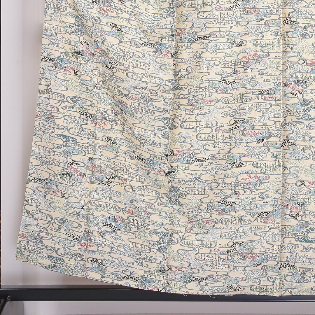 小紋 袷 身丈155cm 裄62.5cm ポリエステル 洗える着物 茶屋辻 クリーム系 Bランク 1215-02261