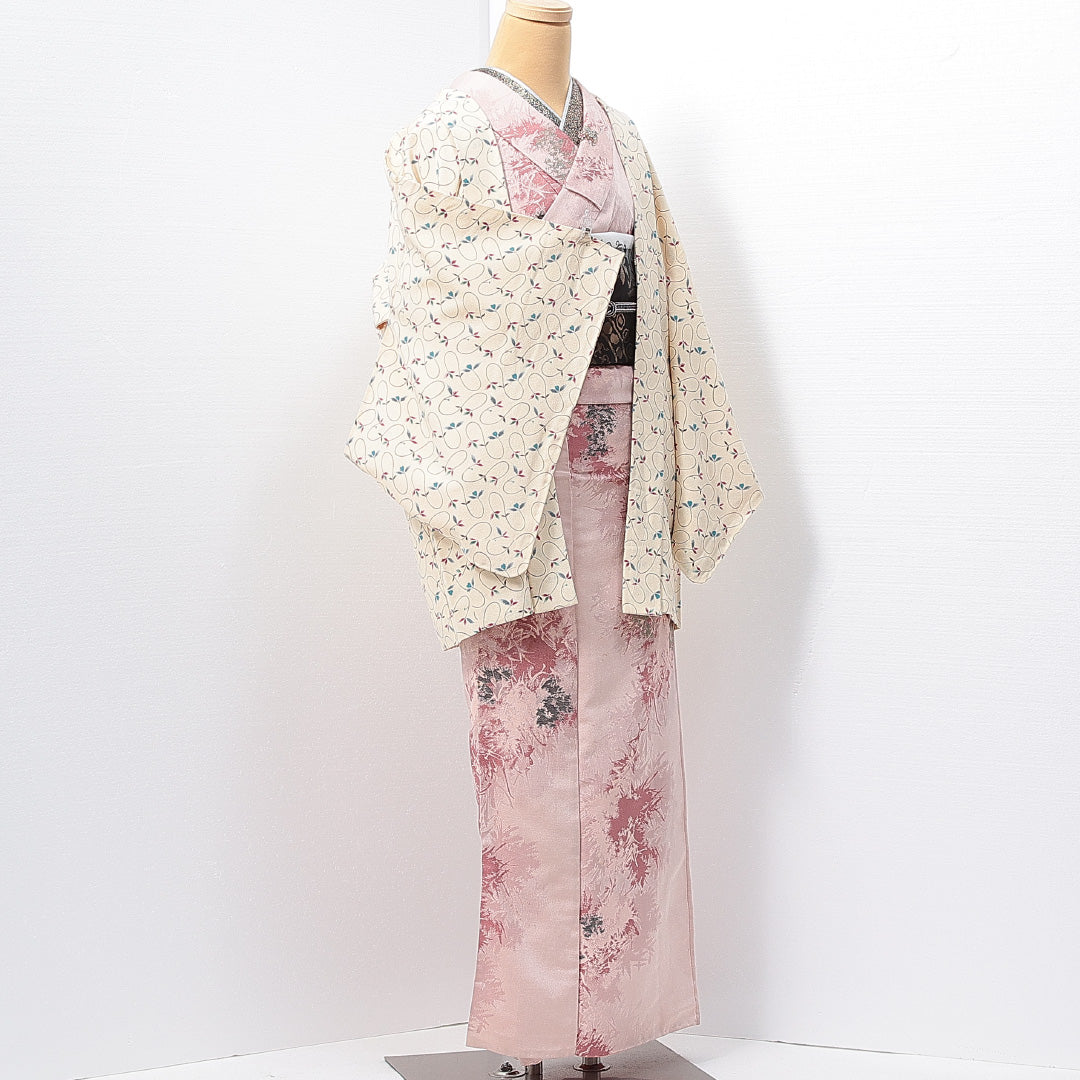 羽織 袷 身丈77cm 裄丈62cm 正絹 Aランク カジュアル Sサイズ 植物柄 クリーム系 RP 1232-14657