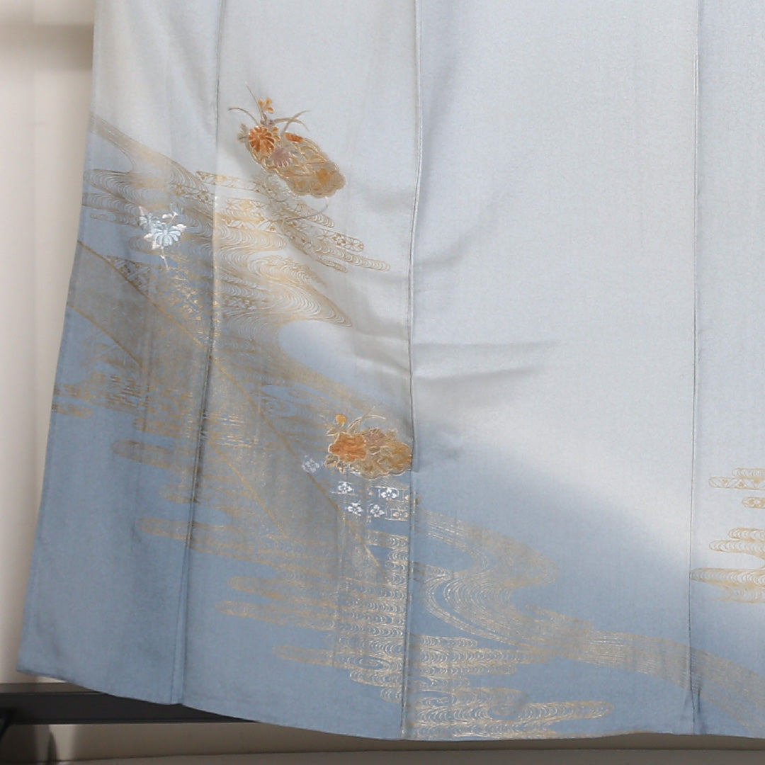 訪問着 袷 身丈159cm 裄丈63cm 正絹 Bランク セミフォーマル 広衿 Mサイズ 金彩 蘇州刺繍 汕頭刺繍 吉祥文様 水色系 HP 1217-04418