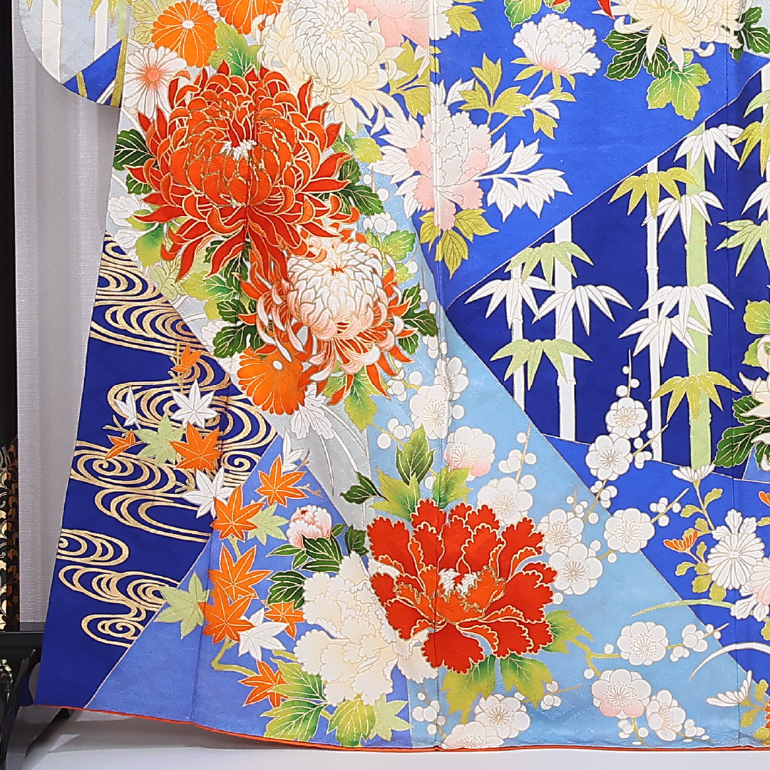 振袖 身丈164cm 裄丈66.5cm Bランク 袷 正絹 M 広衿 観世水 吉祥文様 古典柄 菊 紅葉 楓 牡丹 花柄 青系 1213-F0448