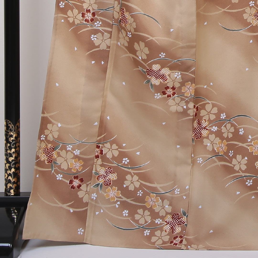 小紋 洗える着物 単衣 身丈164cm 裄丈66cm ポリエステル Aランク Lサイズ 広衿 インフォーマル 芝草 桜 茶系 1215-01188