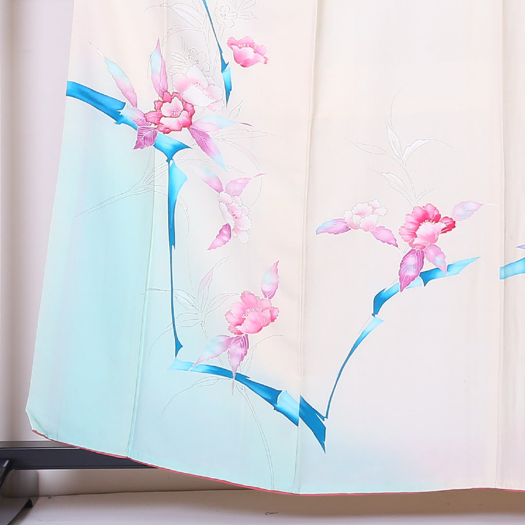 訪問着 袷 身丈161cm 裄丈62cm 正絹 Cランク Lサイズ 広衿 セミフォーマル 牡丹 金駒刺繍 クリーム系 1212-04478