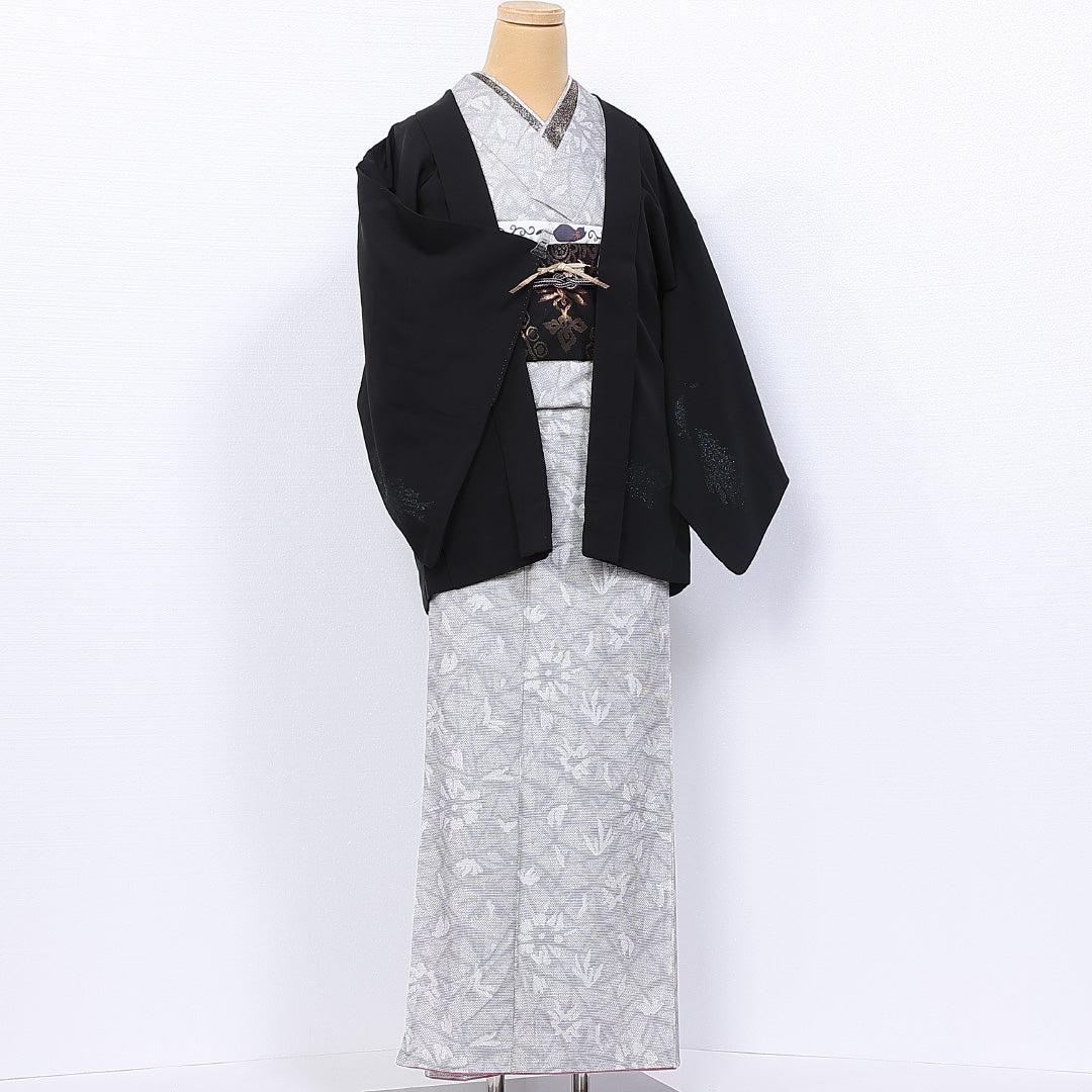 羽織 身丈72cm 裄丈62cm S 正絹 Sランク 袷 紐あり 黒羽織 孔雀 漆糸 1217-11085