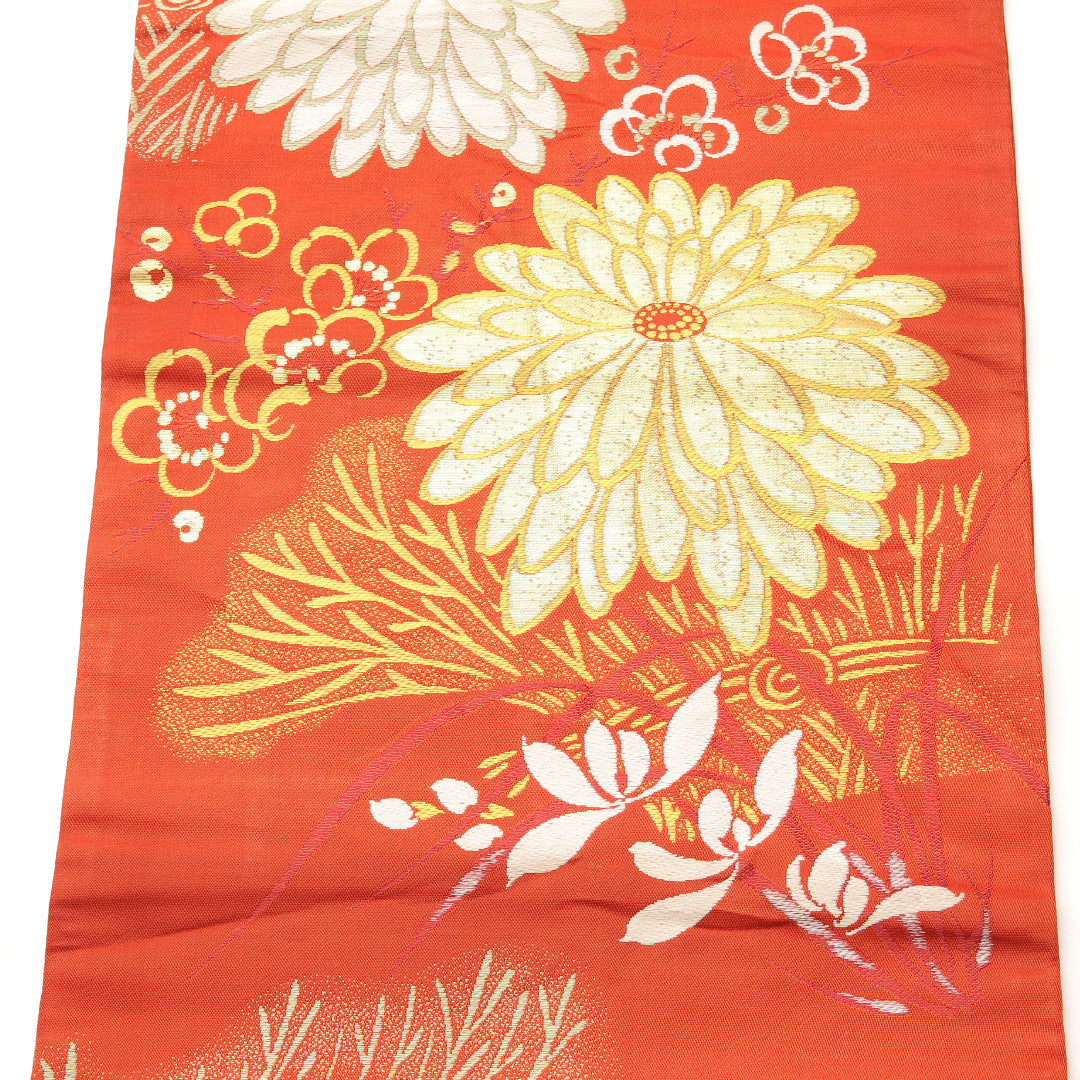 アンティーク 九寸名古屋帯 Aランク 帯丈342cm 正絹 六通 名古屋仕立て 帯芯なし 織り 菊 朱系 RP 1245-02076