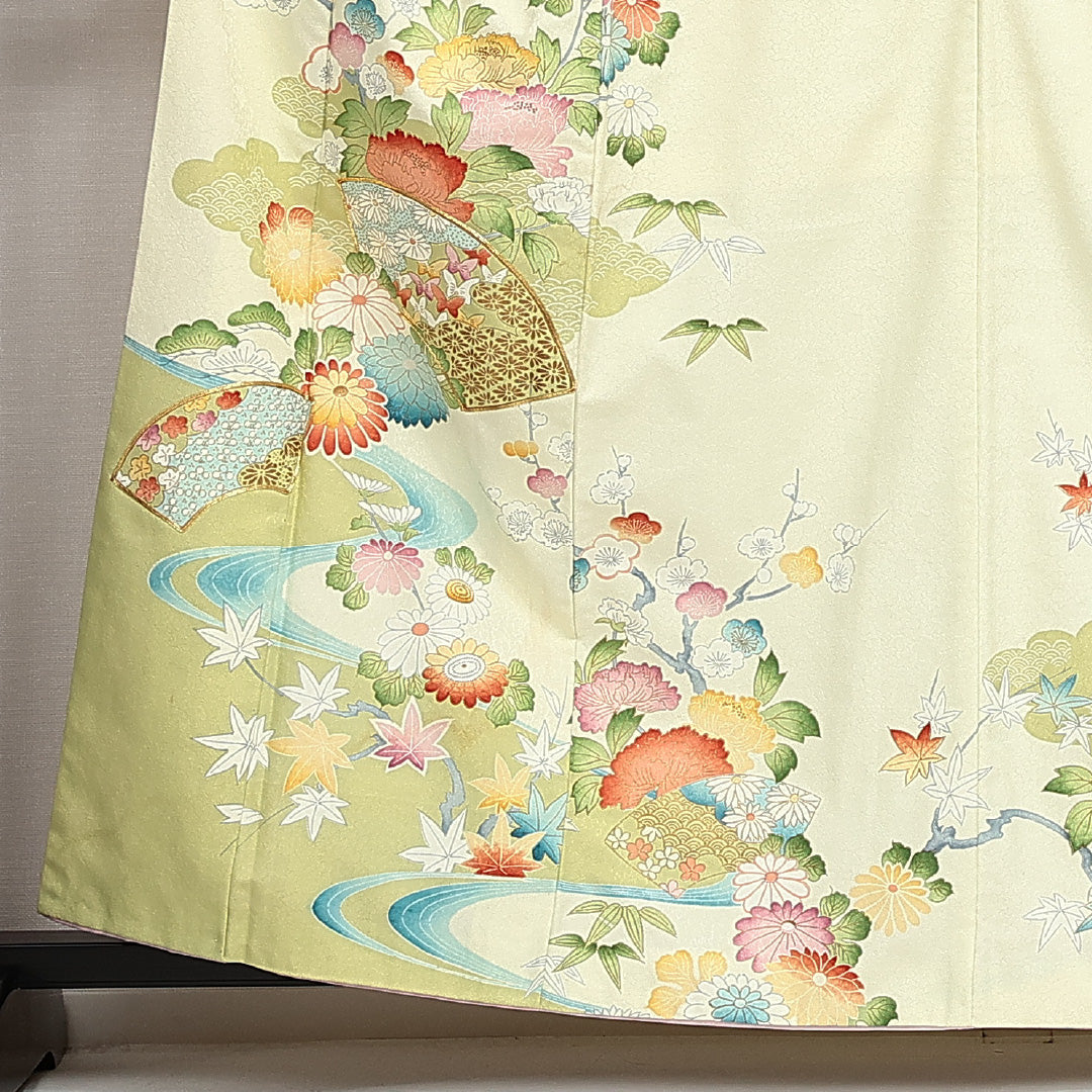 洗える着物 訪問着 袷 身丈158cm 裄丈61cm ポリエステル Cランク セミフォーマル 広衿 Mサイズ 金駒刺繍 扇 牡丹 黄系 LP 1217-14020