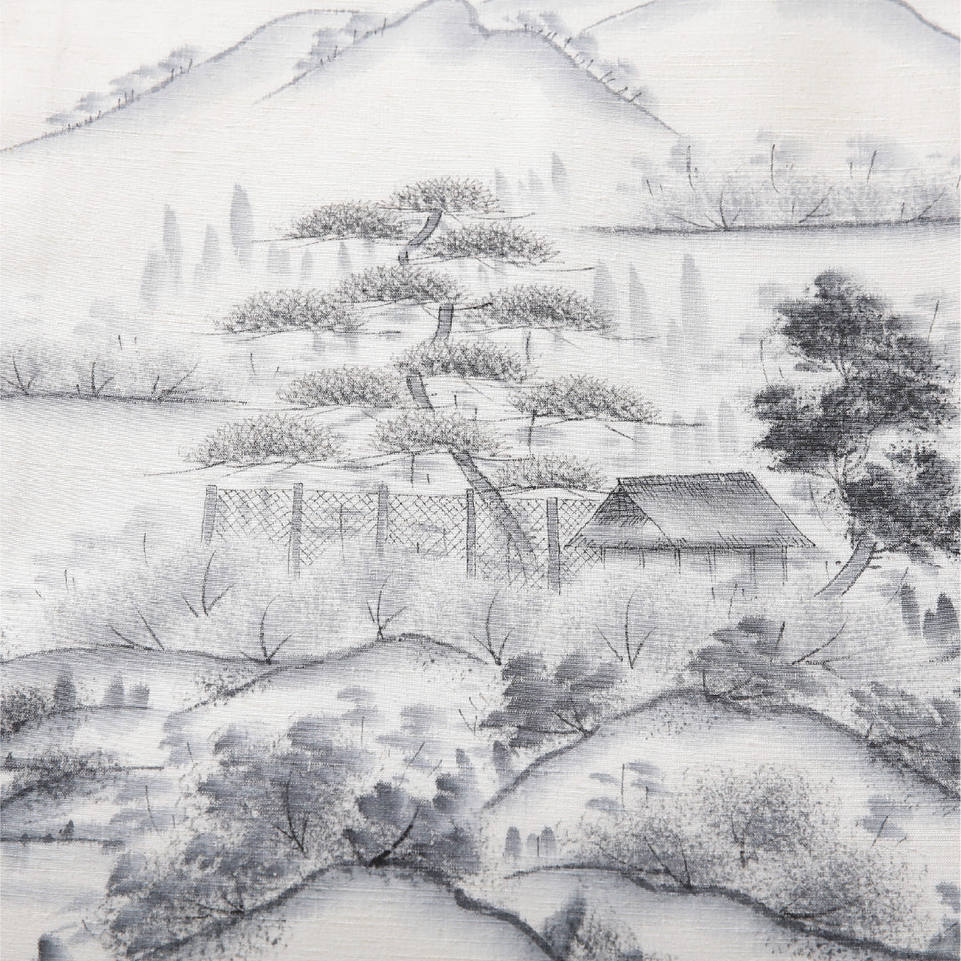 九寸名古屋帯(紬) 帯丈362cm カジュアル 開き仕立て ポイント柄 Bランク 正絹 風景柄 クリーム系 白系 1224-03934