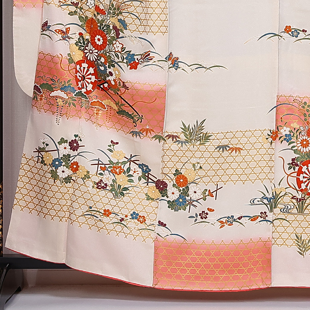 振袖 身丈161cm 裄丈64cm 袷 正絹 Sランク 広衿 笠松 花車 流水 菖蒲 籠目 1213-F0336