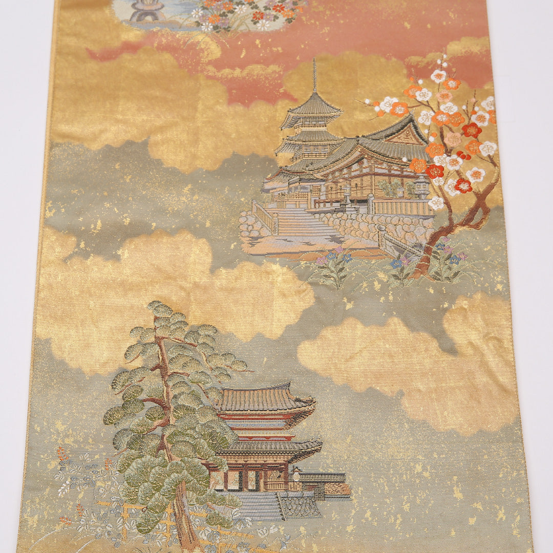 袋帯 帯丈434cm 六通 大和路散策絵文 本金箔 梅 竜胆 寺社仏閣 笠松 フォーマル 金系 正絹 Aランク 1223-01093