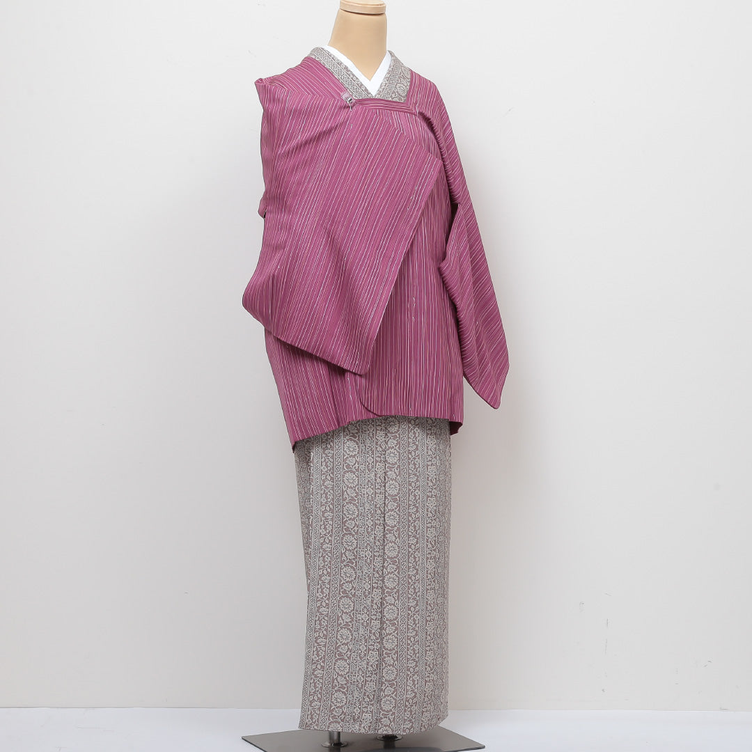 道行コート 身丈81cm 裄丈64cm 正絹 Sランク M 縞 紫系 1217-00392