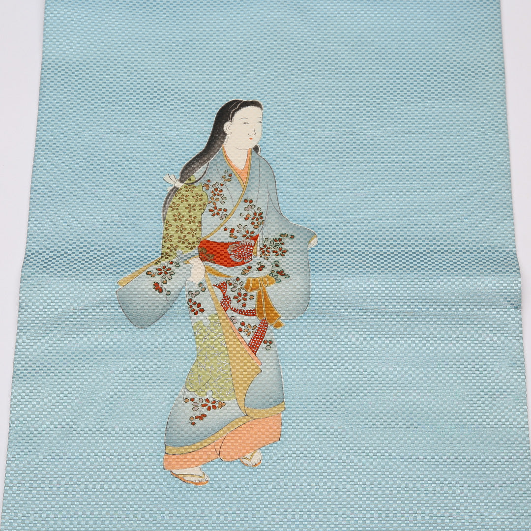 未使用品 九寸名古屋帯 Nランク 帯丈367cm 正絹 ポイント柄 名古屋仕立て 染め インフォーマル 大和美人文 水色系 M4 1245-01504
