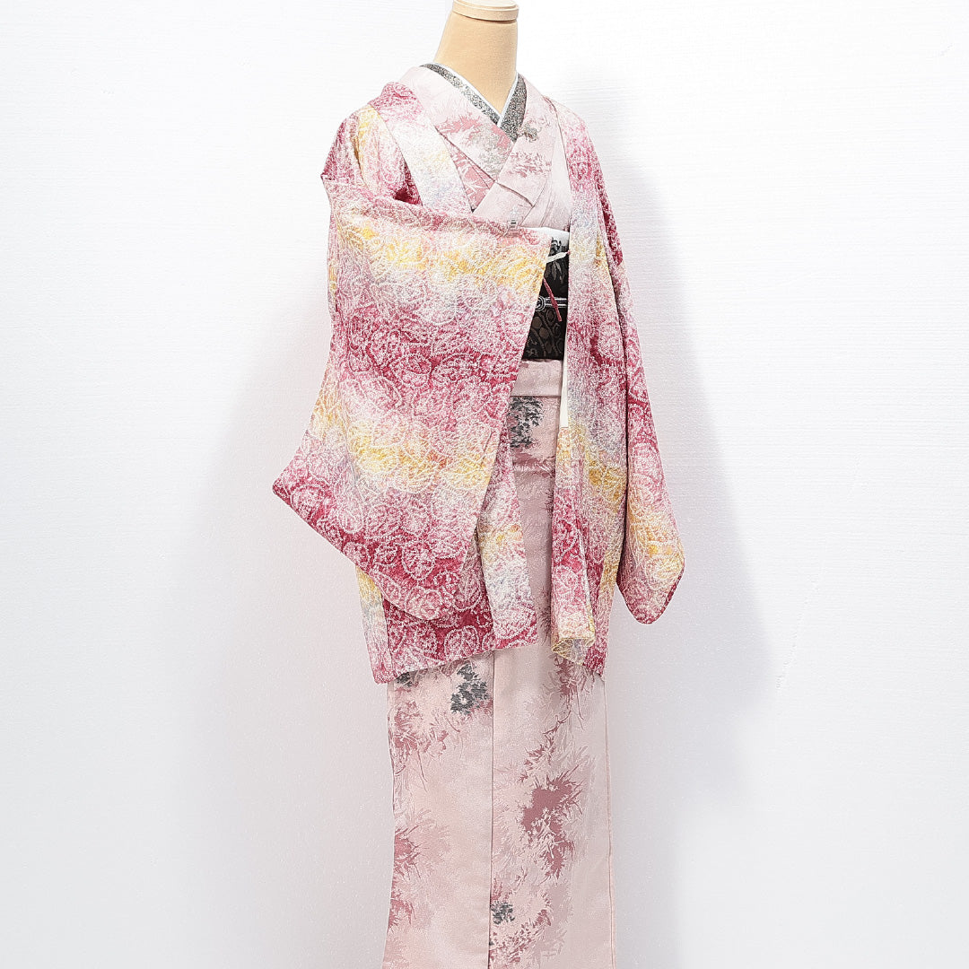 羽織 袷 身丈84cm 裄丈65cm 正絹 Sランク カジュアル Mサイズ 紐あり 植物柄 多色系 M4 1232-14693