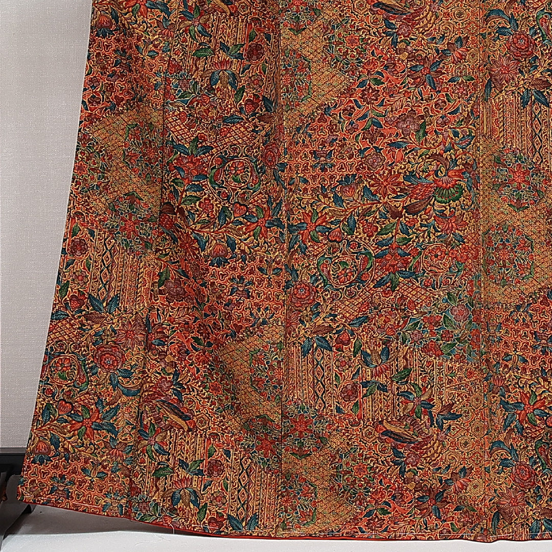 小紋 袷 身丈163cm 裄丈65cm 正絹 Sランク インフォーマル バチ衿 Lサイズ 更紗 茶系 RP 1221-14489