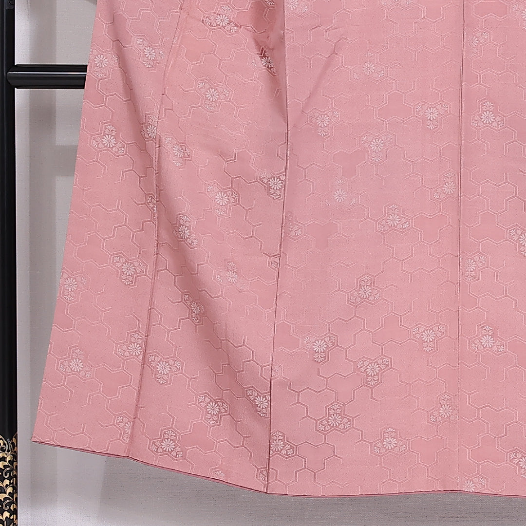 小紋 袷 身丈143cm 裄61cm 正絹 毘沙門亀甲 菊 ピンク系 Sランク 1215-02481