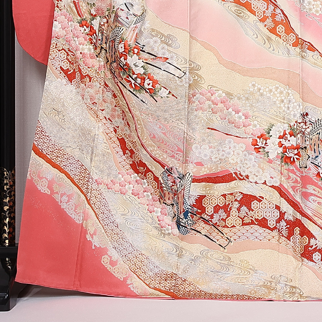 振袖 身丈161cm 裄丈66.5cm 袷 正絹 Aランク 広衿 御所車 吉祥文様 1213-F0296