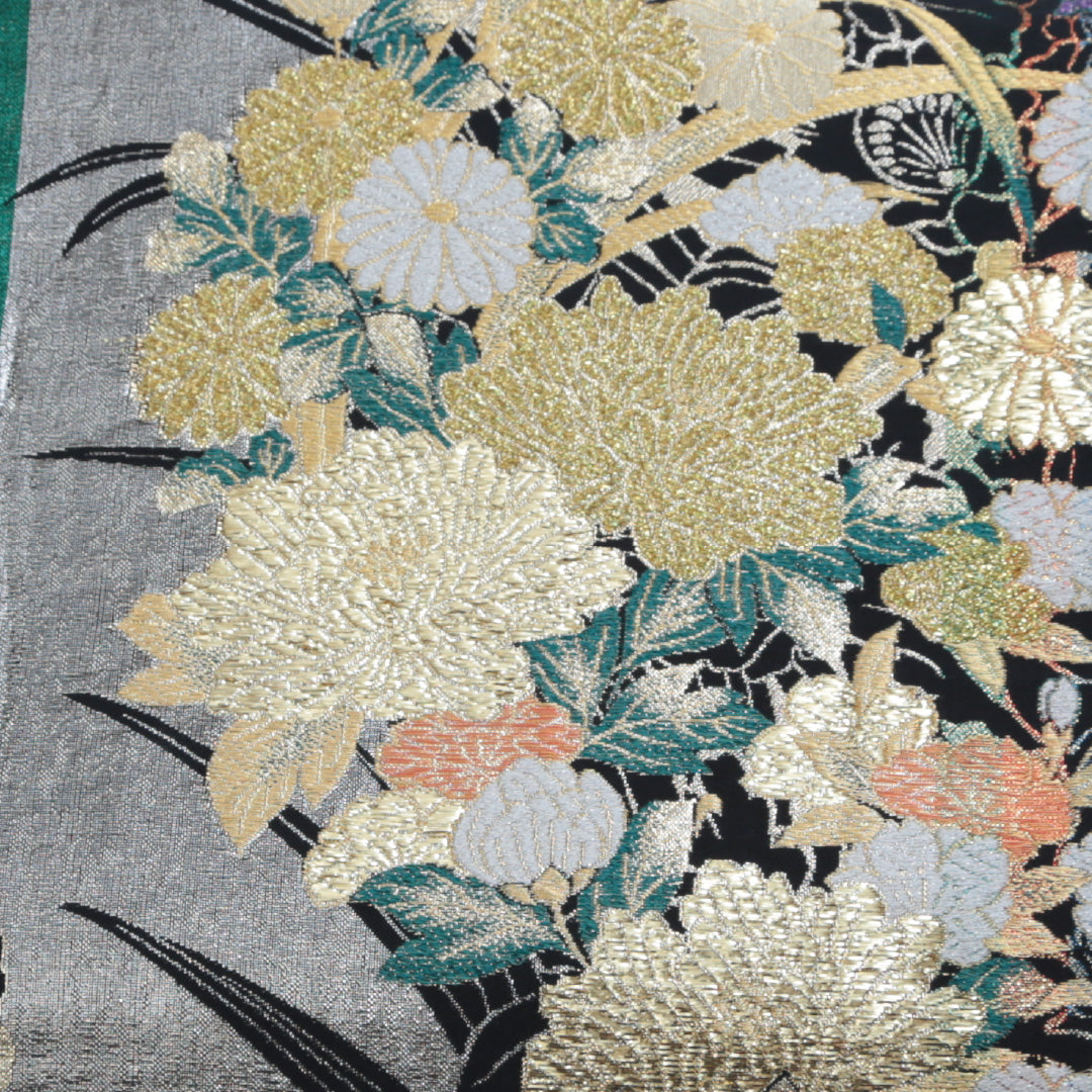 袋帯 帯丈432cm 六通 唐織 牡丹 菊 吉祥文様 振袖帯 フォーマル 黒系 正絹 Sランク 1223-00335